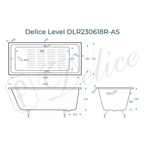 Ванна чугунная Delice Level DLR230618R-AS 140х70 пристенная прямоугольная - фото 2