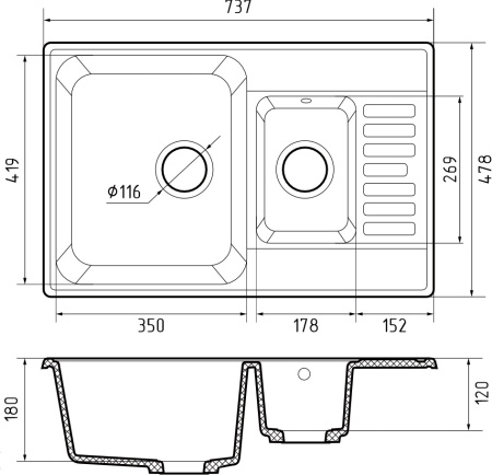 Кухонная мойка Granfest Quarz 21К черный 74х48 цвет черный поверхность матовая