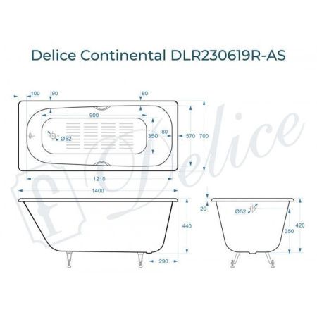 Ванна чугунная Delice Continental DLR230619R-AS 140х70 пристенная прямоугольная без ножек с отверстиями под ручки
