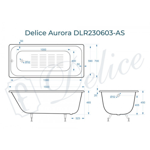 Ванна чугунная Delice Aurora DLR230603-AS 150х70 пристенная прямоугольная - фото 2