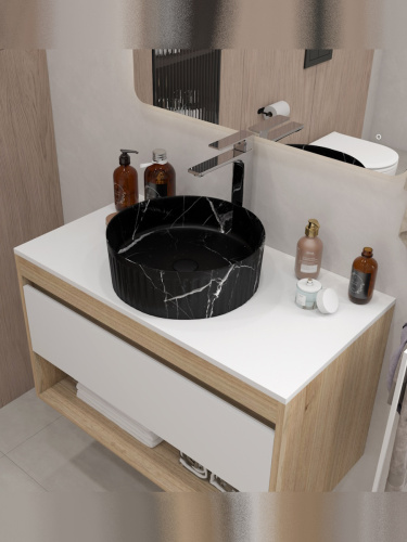 Раковина из сантехнического фарфора Teymi Martta T52183 37х37 накладная цвет черный мрамор - фото 4