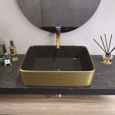 Раковина из сантехнического фаянса Grossman Color GR-3016GBR 50х40 накладная цвет черный/золото без отверстий под смеситель