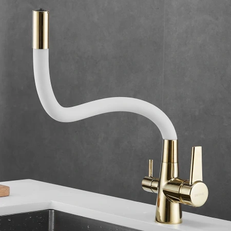 Смеситель для кухни Shevanik S668E на мойку белый/золото