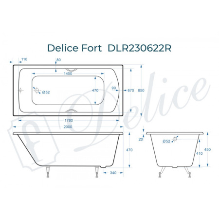 Ванна чугунная Delice Fort DLR230622R 200х85 пристенная прямоугольная без ножек с отверстиями под ручки