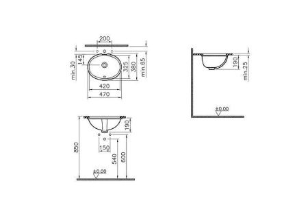 Раковина из сантехнического фарфора Vitra Arkitekt 6039B003-0012 50х40 встраиваемая цвет белый без отверстий под смеситель