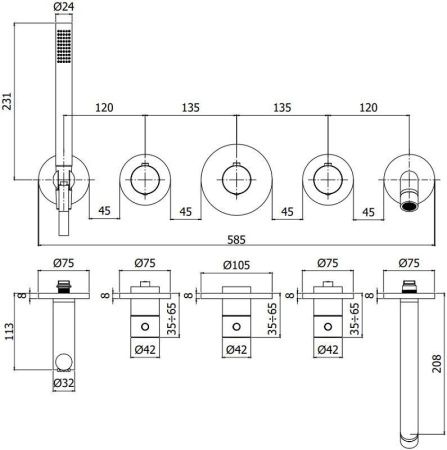 Смеситель для ванны с душем Paffoni Modular Box MDE001ST настенный нержавеющая сталь с термостатом