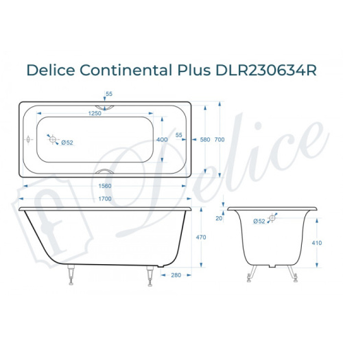 Ванна чугунная Delice Continental PLUS DLR230634R 170х70 пристенная прямоугольная - фото 2