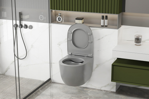 Унитаз подвесной Abber Bequem AC1103MG серый матовый с сиденьем микролифт безободковый каскадный смыв - фото 4