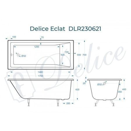 Ванна чугунная Delice Eclat DLR230621 170х70 пристенная прямоугольная без ножек