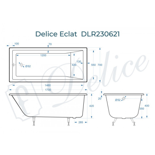 Ванна чугунная Delice Eclat DLR230621 170х70 пристенная прямоугольная - фото 2