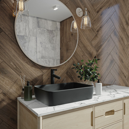 Раковина из сантехнического фарфора Teymi Helmi T50293 48х37 накладная цвет черный без отверстий под смеситель