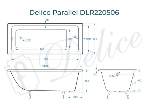Ванна чугунная Delice Parallel DLR220506 180х80 пристенная прямоугольная без ножек - фото 3