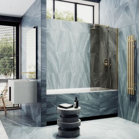 Душевая шторка на ванну Maybah Glass MGV-66-3ш 40х140 стекло тонированное профиль золото ориентация универсальная