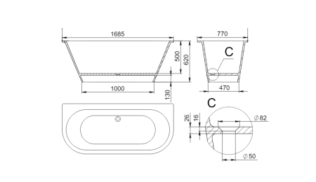 Ванна из искусственного камня Holbi GALATEA 1.01.003.11.3 169х77 пристенная овальная