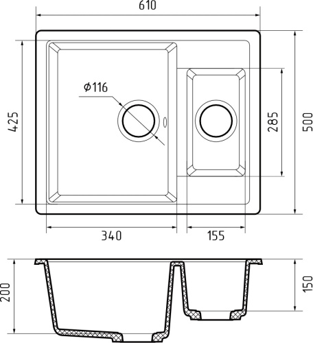 Кухонная мойка Granfest Quadro Q-610K кашемир 61х50 цвет бежевый - фото 3