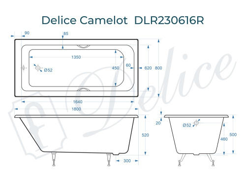 Ванна чугунная Delice Camelot DLR230616R 180х80 пристенная прямоугольная без ножек с отверстиями под ручки - фото 3