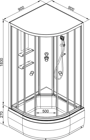 Душевая кабина AvaCan EM2790NLED+GM 90х90 четверть круга без крыши ориентация универсальная