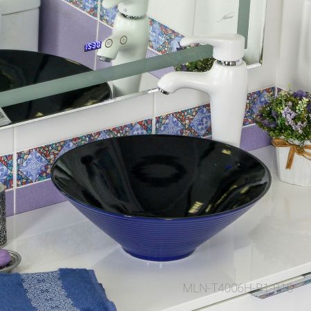 Раковина из сантехнического фарфора Melana 7020-B1+B18-806 40х40 накладная цвет черный/синий без отверстий под смеситель