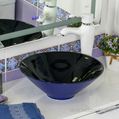 Раковина из сантехнического фарфора Melana 7020-B1+B18-806 41х41 накладная цвет синий/черный без отверстий под смеситель - фото 4