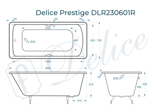 Ванна чугунная Delice Prestige DLR230601R 180х75 пристенная прямоугольная без ножек с отверстиями под ручки - фото 3