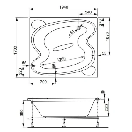 Ванна акриловая Vagnerplast Helios VPBA197HEL2X-04 195х170 пристенная овальная без каркаса