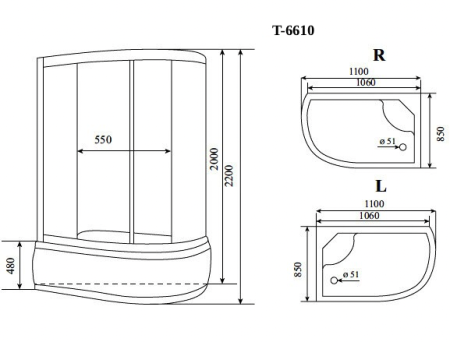 Душевая кабина Timo Standart T-6610SR 110х85 асимметричная с крышей ориентация правая