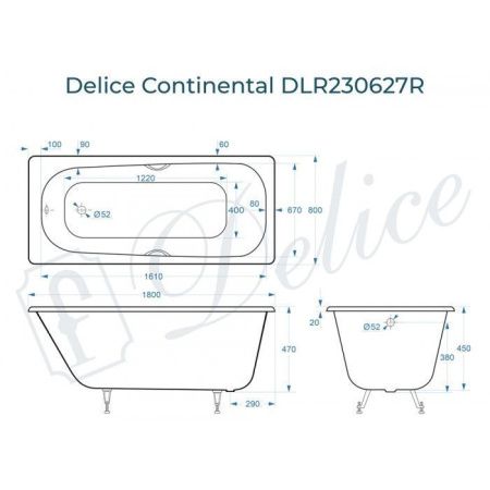 Ванна чугунная Delice Continental DLR230627R 180х80 пристенная прямоугольная без ножек с отверстиями под ручки