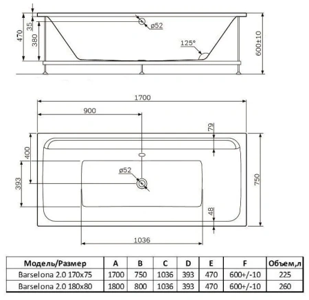 Ванна акриловая Alba Spa BARSELONA 2.0 ВПР0320200100 170х75 пристенная прямоугольная без ножек