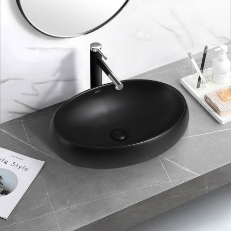 Раковина керамическая Abber BEQUEM AC2102MB 60х40 накладная цвет черный без отверстий под смеситель