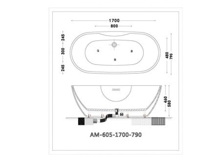 Ванна акриловая Art&Max AM-605-1700-790 170х80 отдельностоящая овальная с каркасом