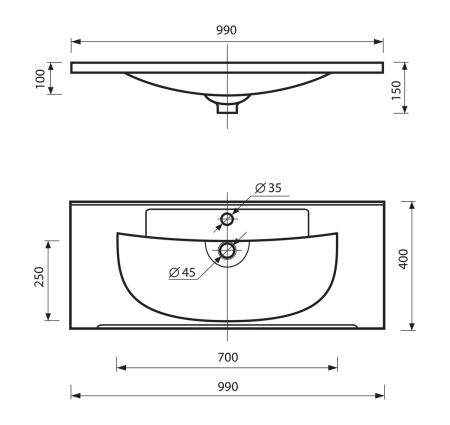 Раковина мебельная из искусственного камня Misty EVVA 100 Р-Евв14100-Д 100х40 накладная цвет белый