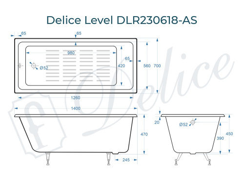 Ванна чугунная Delice Level DLR230618-AS 140х70 пристенная прямоугольная без ножек с антискользящим покрытием - фото 3