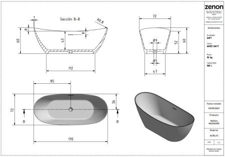 Ванна акриловая Zenon Maggiore 4000.000.000.000.40968 170х70 отдельностоящая овальная