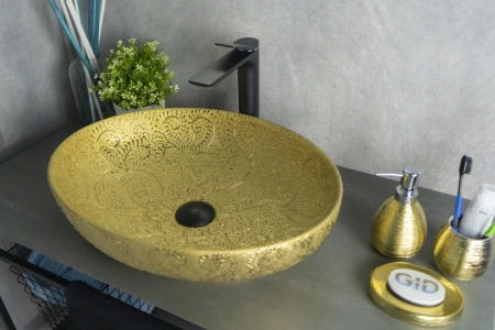 Раковина керамическая Gid Lago 52233 50х40 накладная цвет золото без отверстий под смеситель