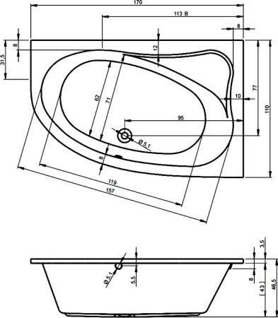 Ванна акриловая Riho LYRA B018001005 170х110 пристенная асимметричная без ножек