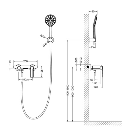 Смеситель для ванны и душа Timo Anni 2714/03Y настенный черный матовый