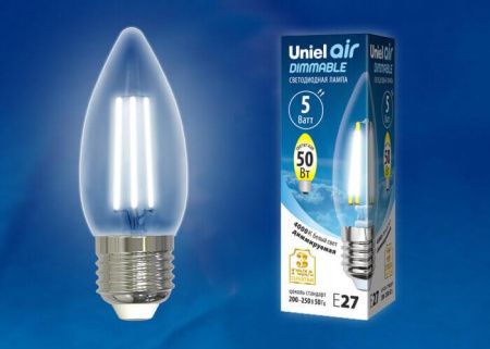 Лампа светодиодная филаментная Uniel AIR DIM (АИР ДИМ) LED-C35-5W/NW/E27/CL/DIM GLA01TR картон