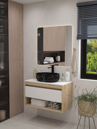 Раковина из сантехнического фарфора Teymi Solli T50387 49х35 накладная цвет черный мрамор без отверстий под смеситель