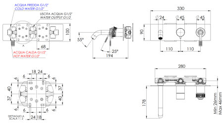 Смеситель для ванны Remer Atelier AL54D2RP встраиваемый в стену медь
