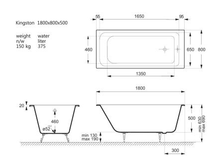 Ванна чугунная Vinsent Veron Kingston VKN1808050 180х80 пристенная прямоугольная с ножками