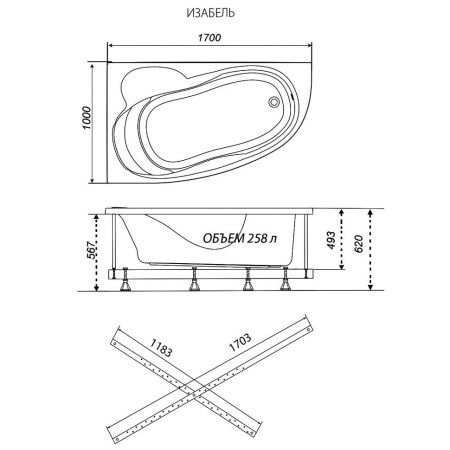 Ванна акриловая Тритон Изабель Щ0000048747 170х100 пристенная асимметричная без каркаса