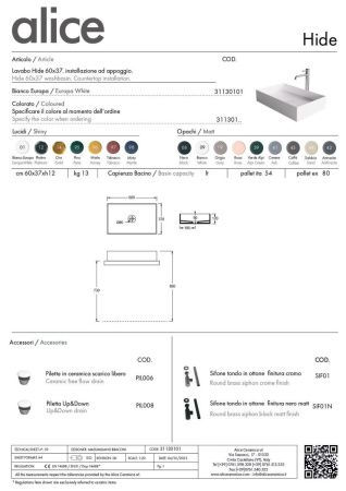 Раковина керамическая Alice Hide 31130101 60х40 накладная цвет белый без отверстий под смеситель