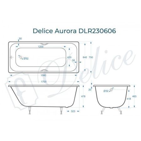 Ванна чугунная Delice Aurora DLR230606 170х75 пристенная прямоугольная без ножек