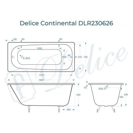 Ванна чугунная Delice Continental DLR230626 160х70 пристенная прямоугольная без ножек