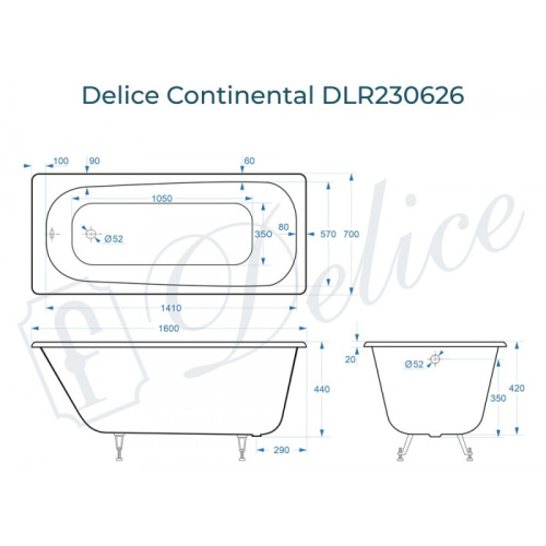 Ванна чугунная Delice Continental DLR230626 160х70 пристенная прямоугольная - фото 2