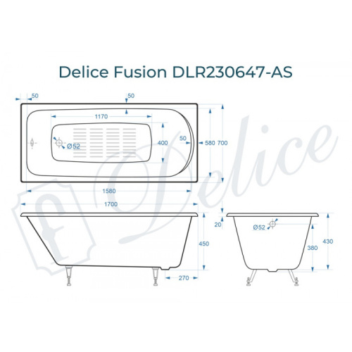 Ванна чугунная Delice Fusion DLR230647-AS 170х70 пристенная прямоугольная - фото 2