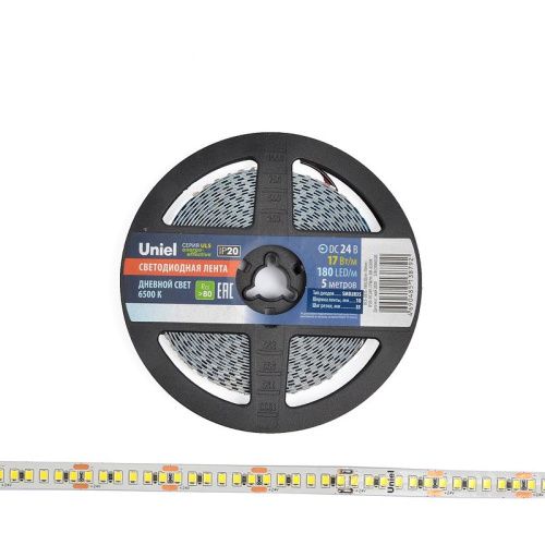 Светодиодная лента Uniel ULS-2835 ULS-2835-180LED/m-10mm-IP20-DC24V-17W/m-5M-6500K катушка в герметичной упаковке - фото 3
