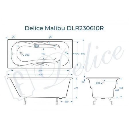 Ванна чугунная Delice Malibu DLR230610R 180х80 пристенная прямоугольная без ножек с отверстиями под ручки