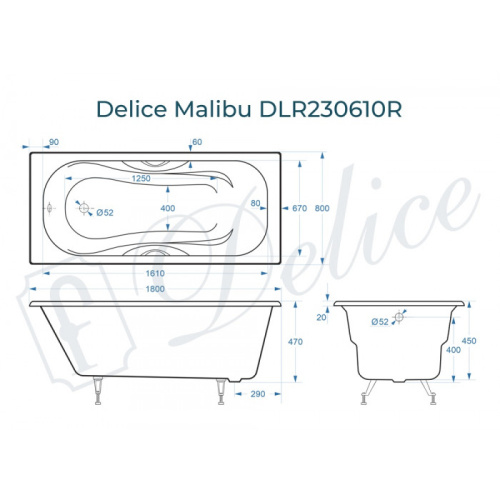Ванна чугунная Delice Malibu DLR230610R 180х80 пристенная прямоугольная - фото 2