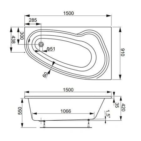 Ванна акриловая Vagnerplast Avona VPBA159AVO3LX-04 150х90 пристенная асимметричная без каркаса
